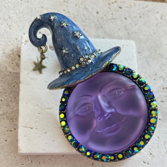Kirks Folly Moon Brooch Celestial Face Star Whimsical Vintage Statement Jewelry - Picture 1 of 2
